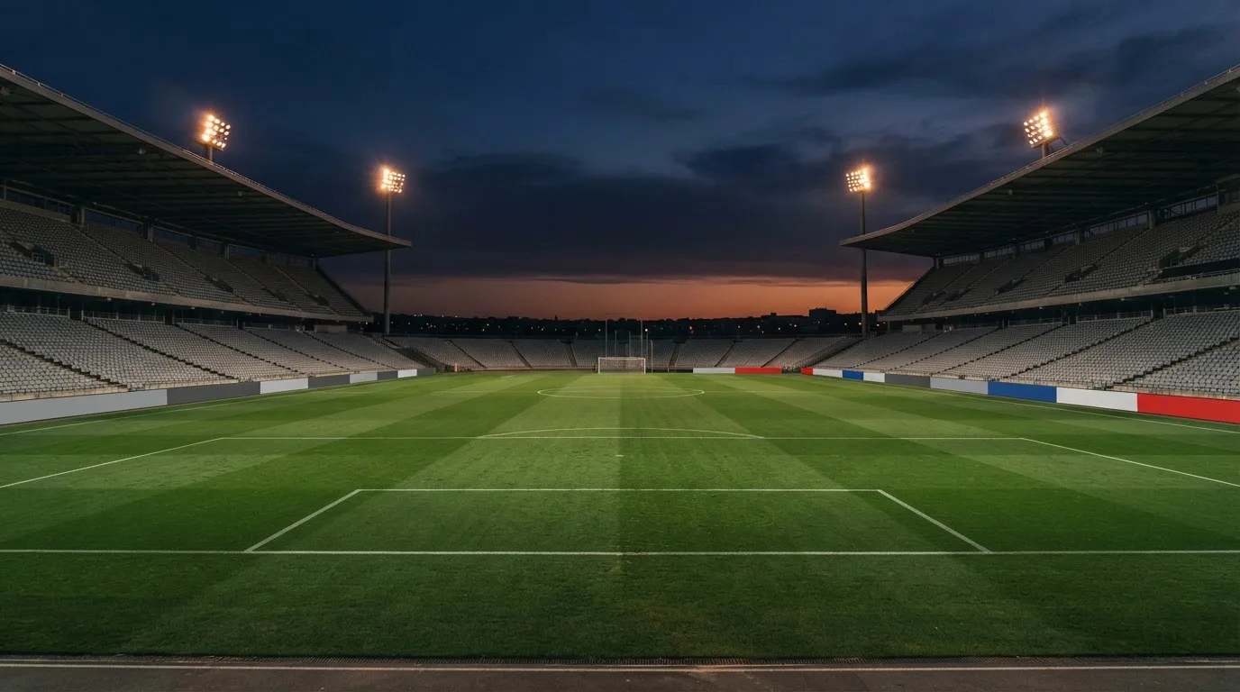 An empty football stadium with floodlight masts at dusk