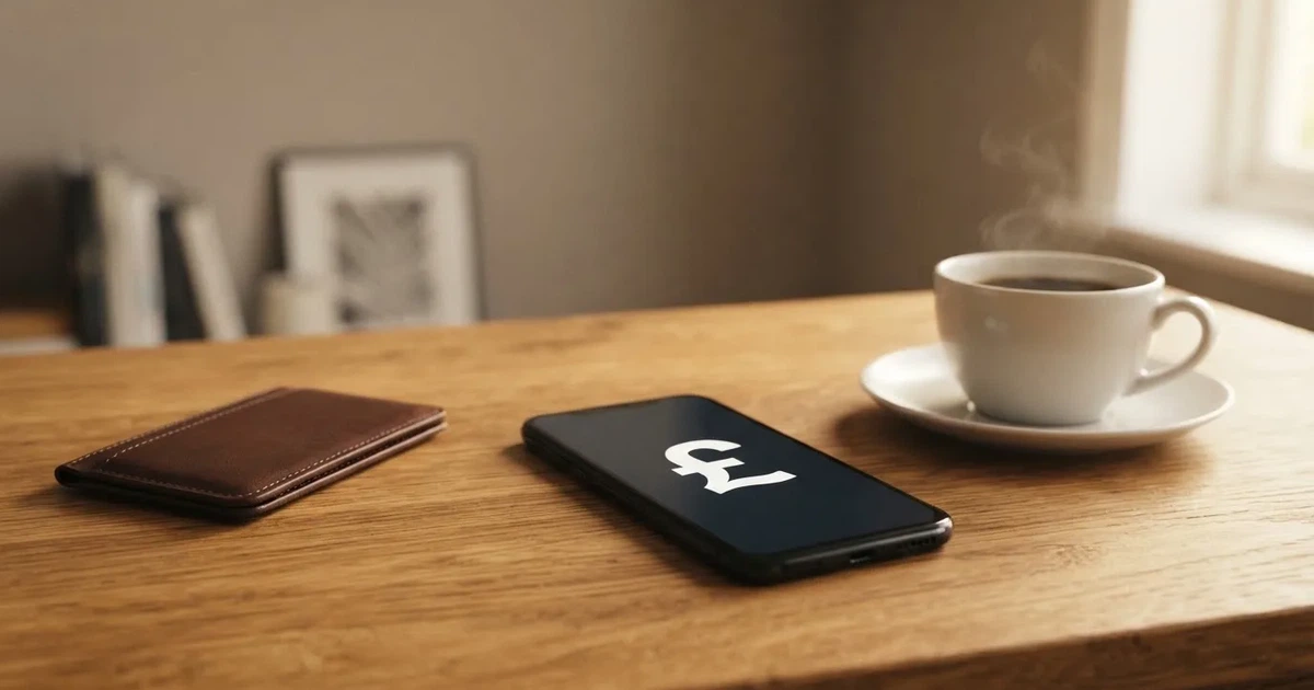 A smartphone on a wooden table beside a wallet and a coffee cup