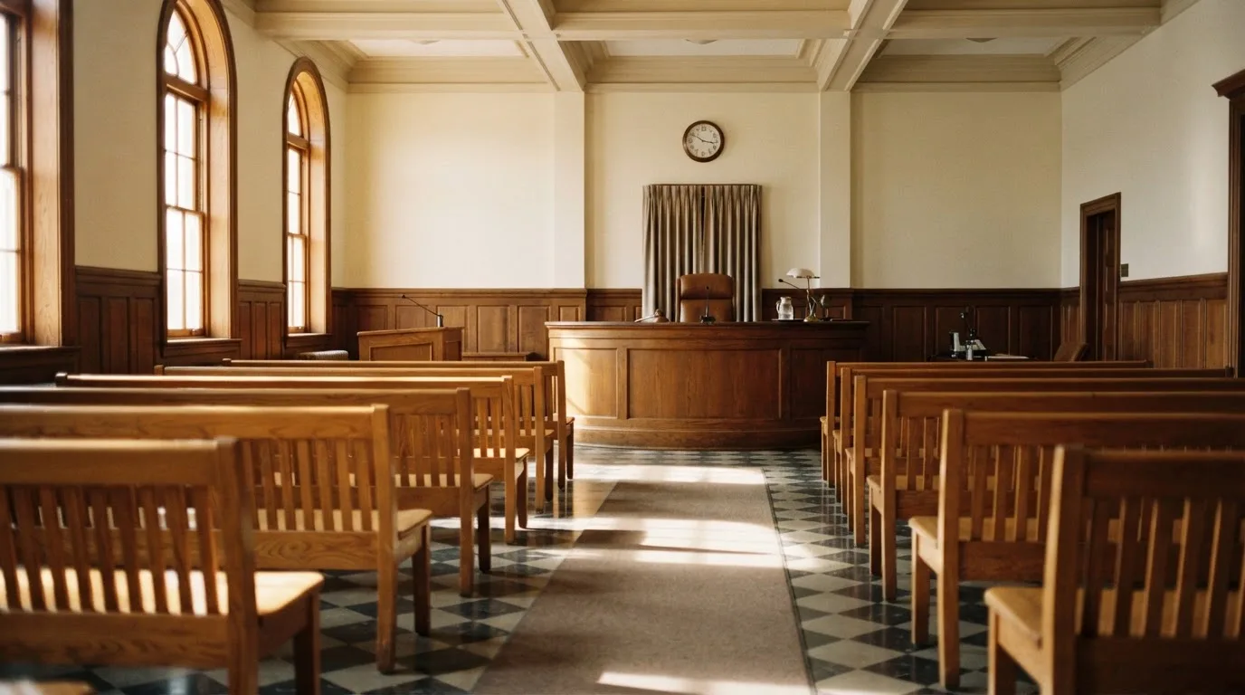 An empty courtroom with wooden benches in morning light