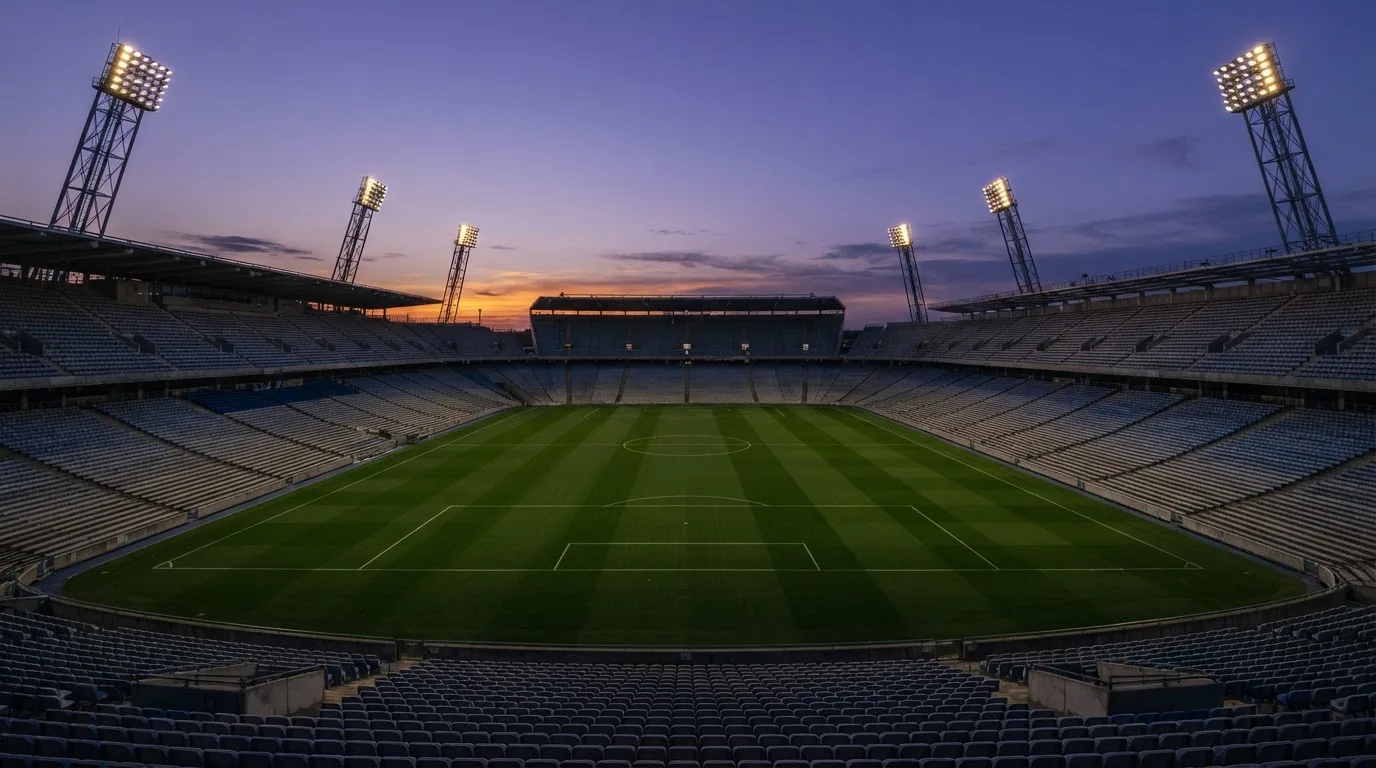 An empty football stadium with floodlight masts at dusk