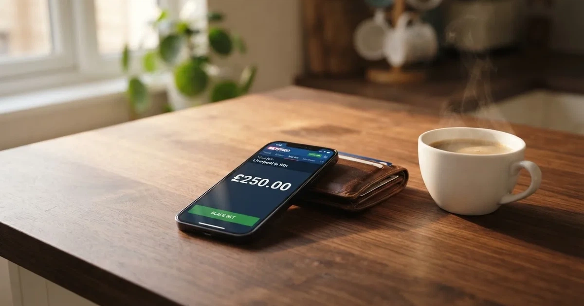 A smartphone on a wooden table beside a wallet and a coffee cup