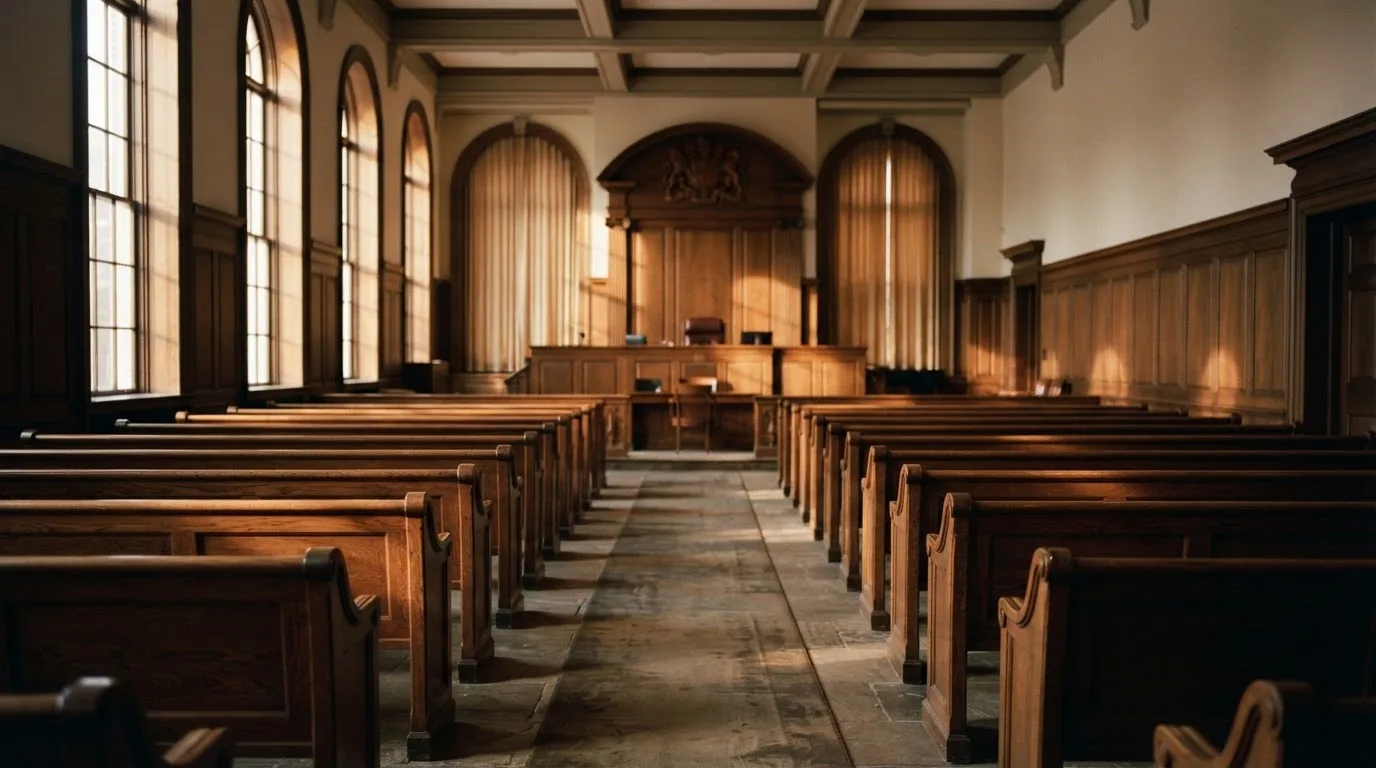 An empty courtroom with wooden benches in morning light
