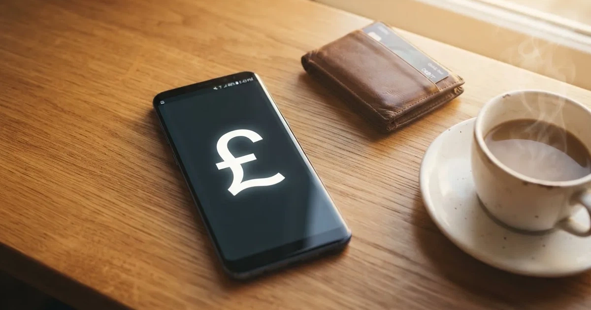 A smartphone on a wooden table beside a wallet and a coffee cup