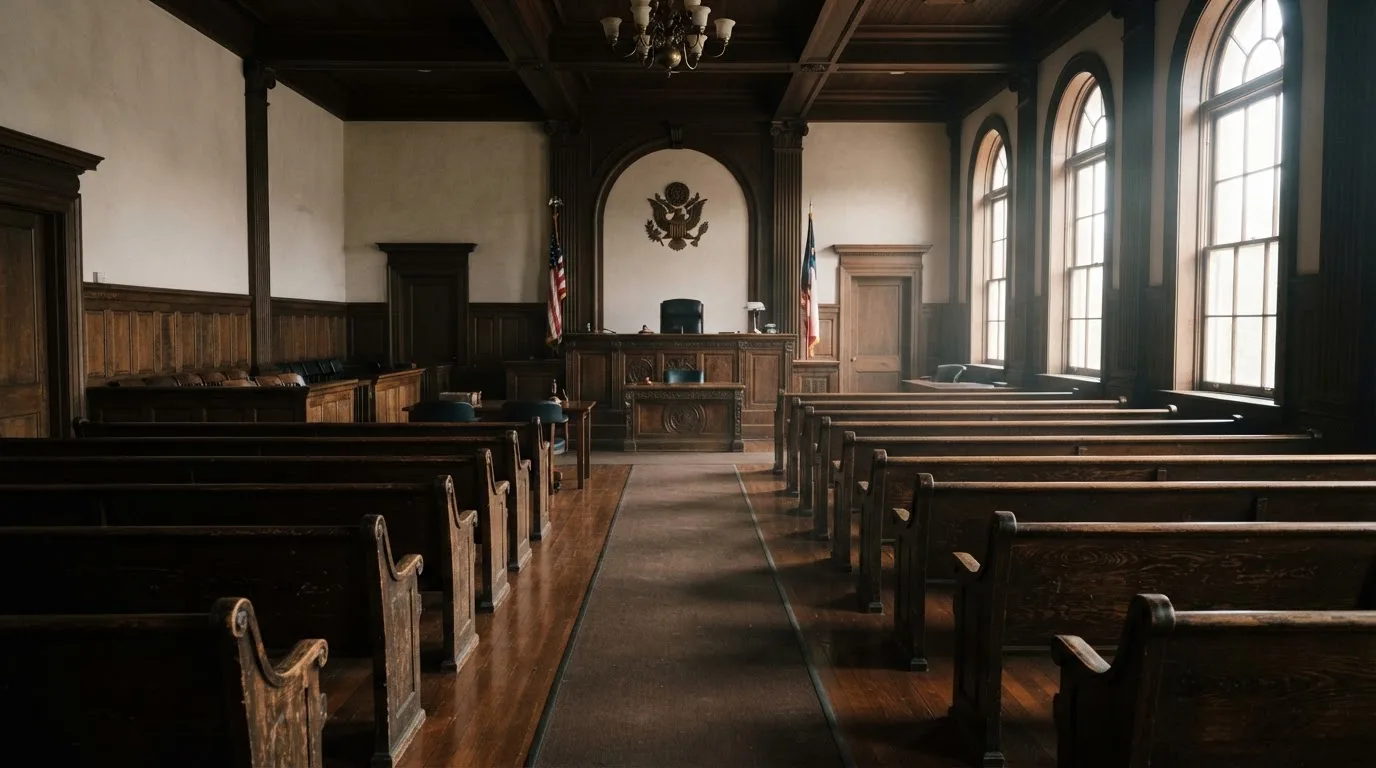 An empty courtroom with wooden benches in morning light