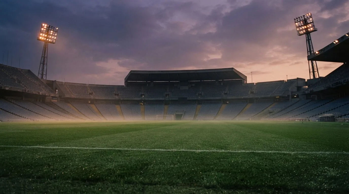An empty football stadium with floodlight masts at dusk