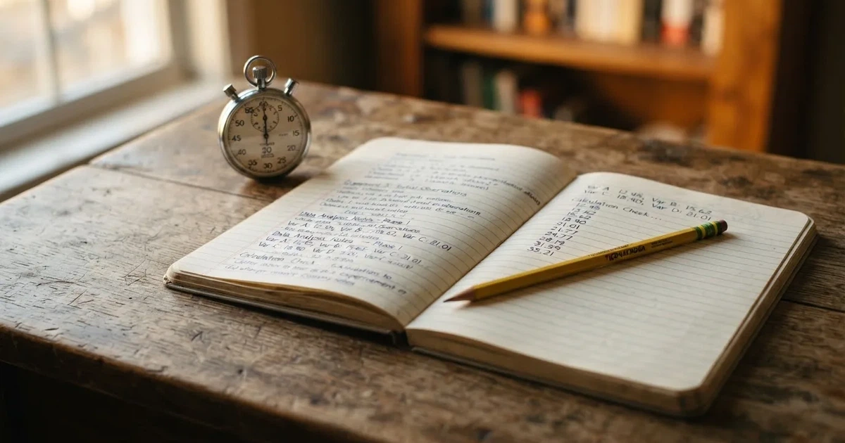 An open notebook with a pencil and a stopwatch on a wooden table