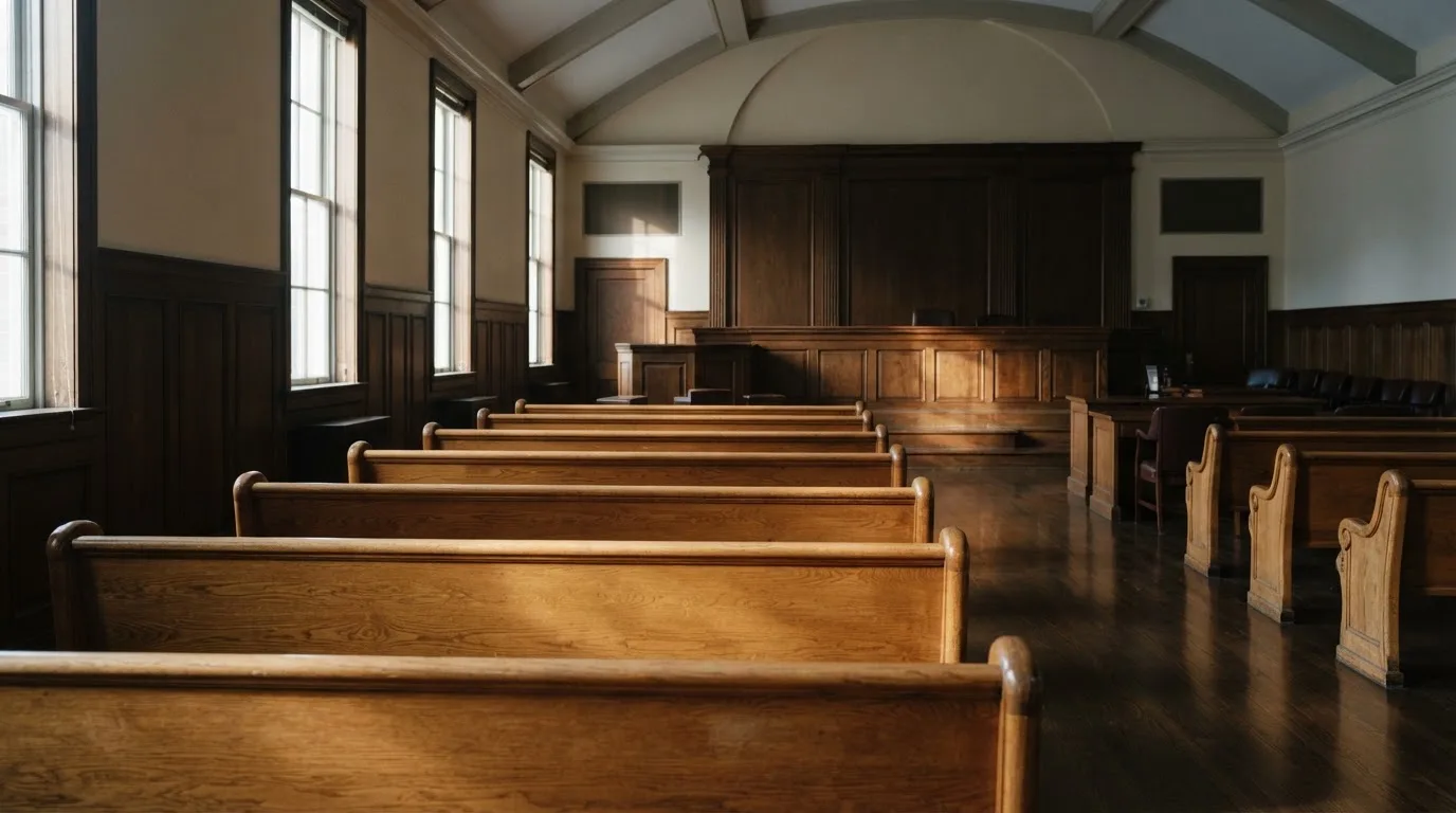 An empty courtroom with wooden benches in morning light