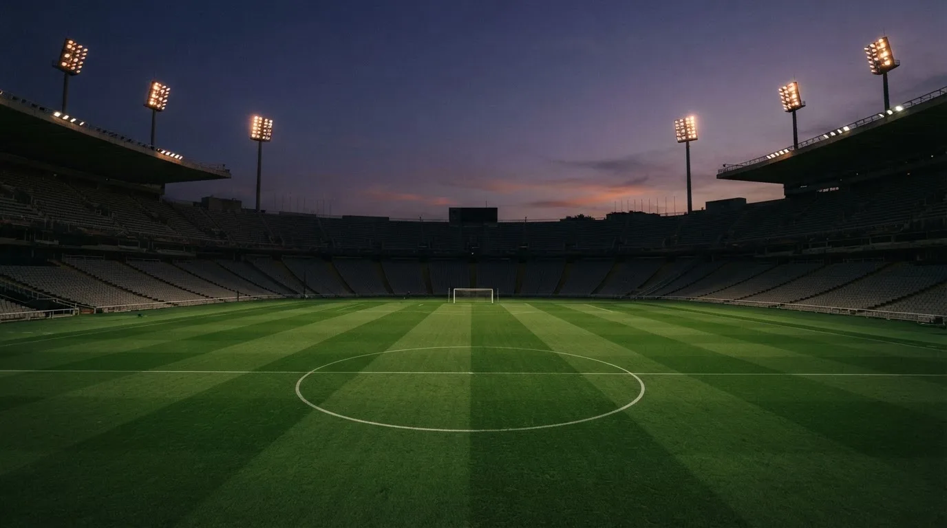 An empty football stadium with floodlight masts at dusk