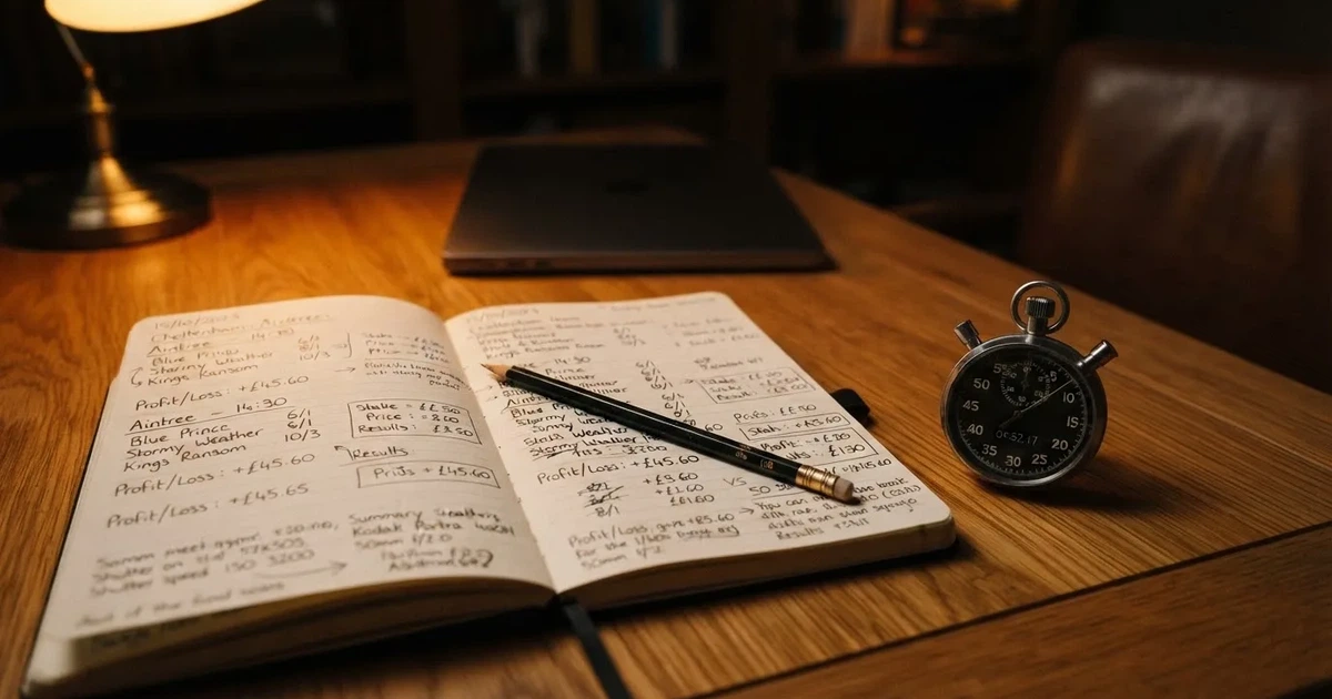An open notebook with a pencil and a stopwatch on a wooden table