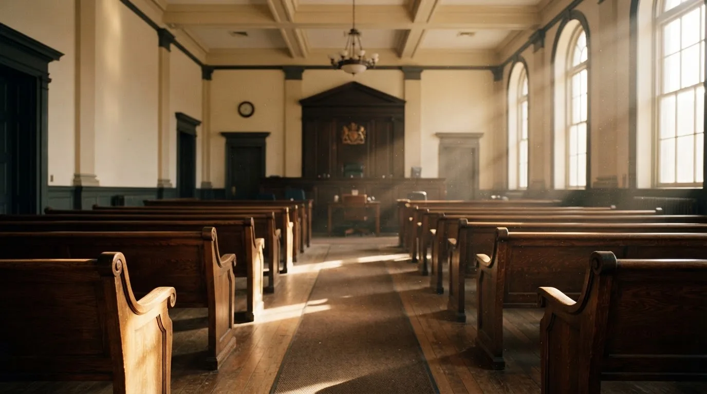 An empty courtroom with wooden benches in morning light