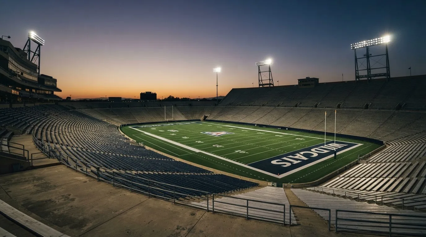 An empty football stadium with floodlight masts at dusk