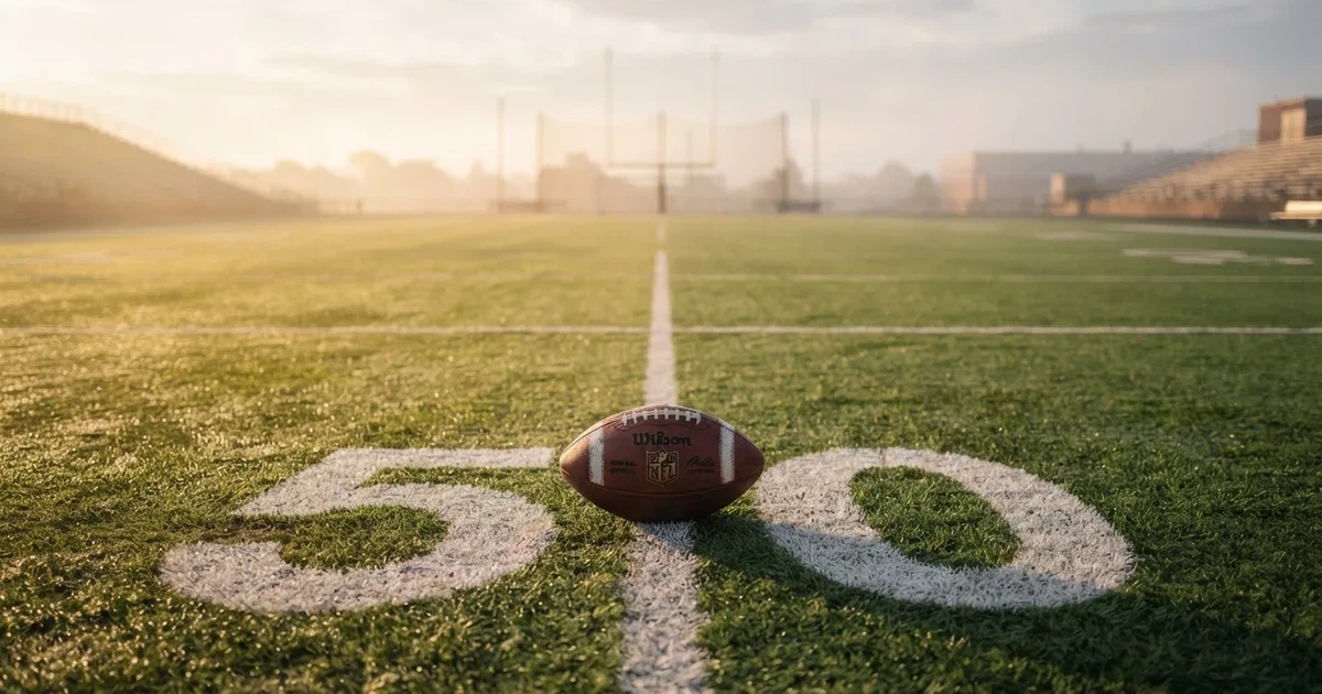 A ball on the centre spot of a grass pitch in morning light