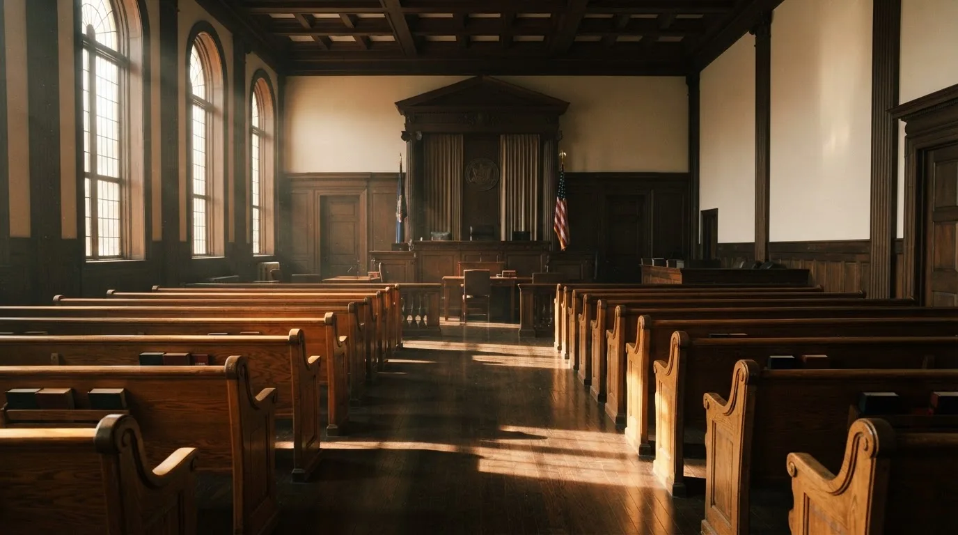 An empty courtroom with wooden benches in morning light