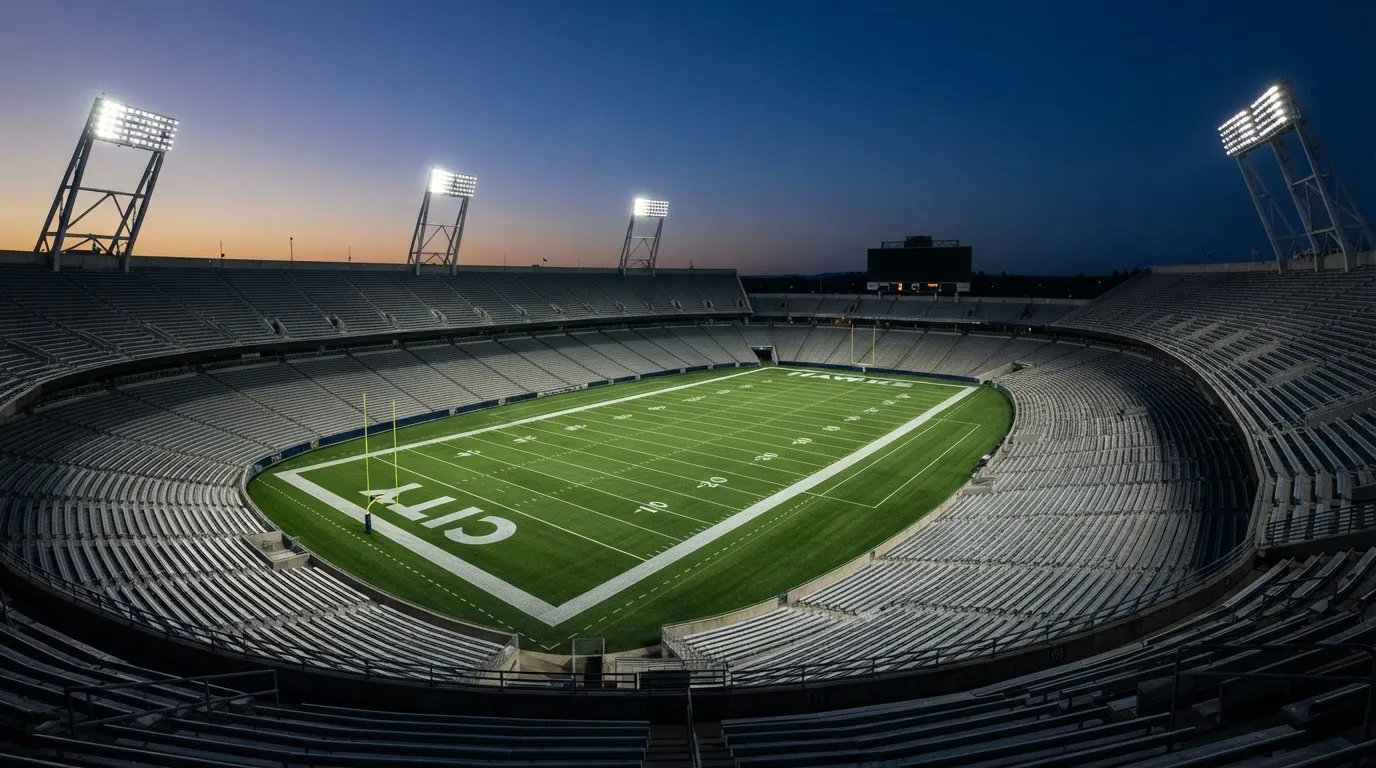 An empty football stadium with floodlight masts at dusk