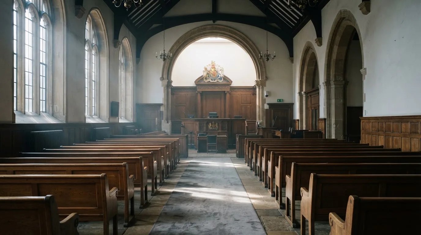 An empty courtroom with wooden benches in morning light