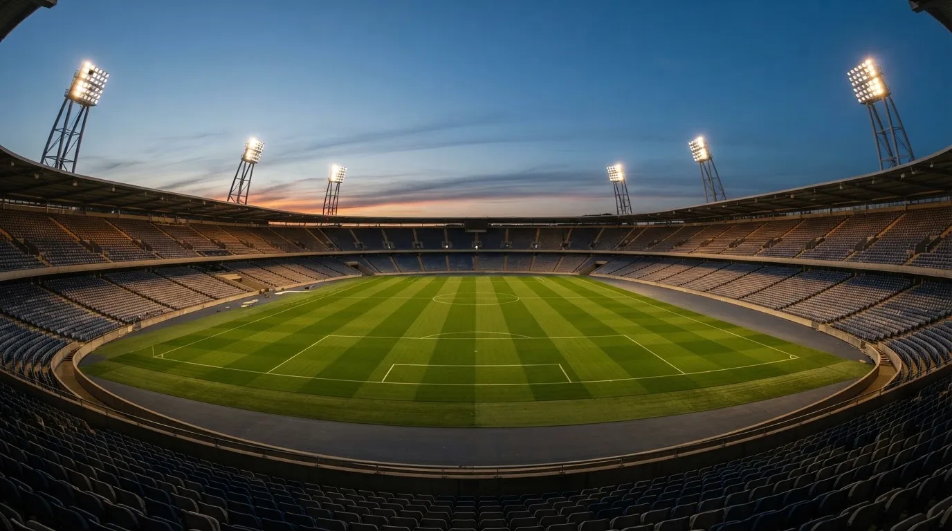 An empty football stadium with floodlight masts at dusk