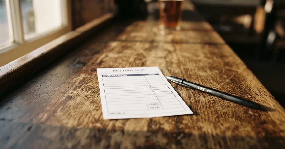 A blank paper betting slip beside a pen on a wooden counter