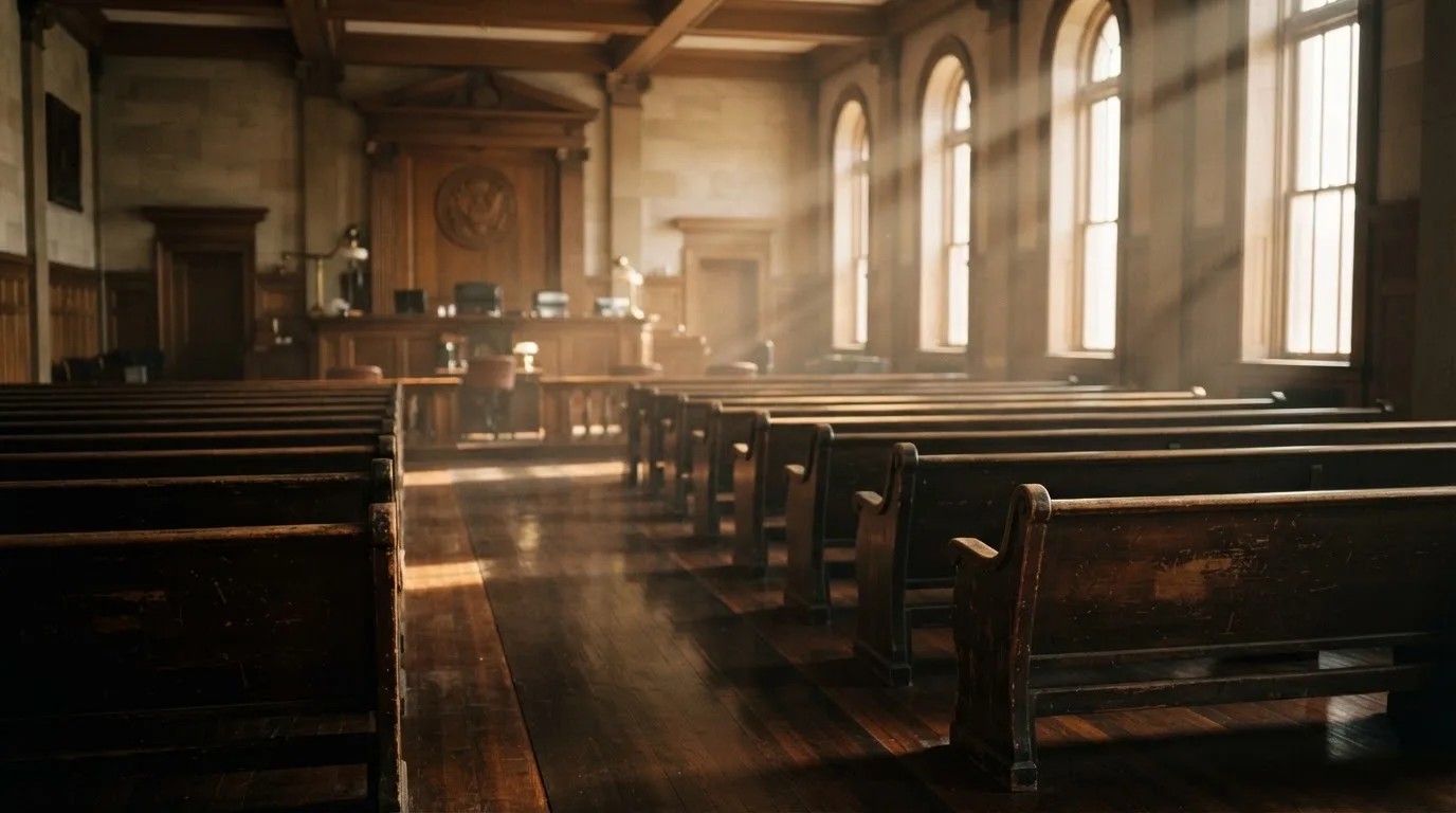 An empty courtroom with wooden benches in morning light