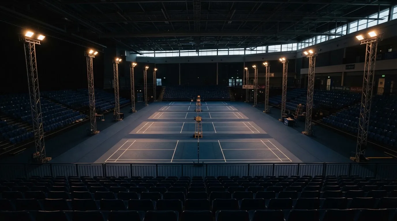 An empty football stadium with floodlight masts at dusk