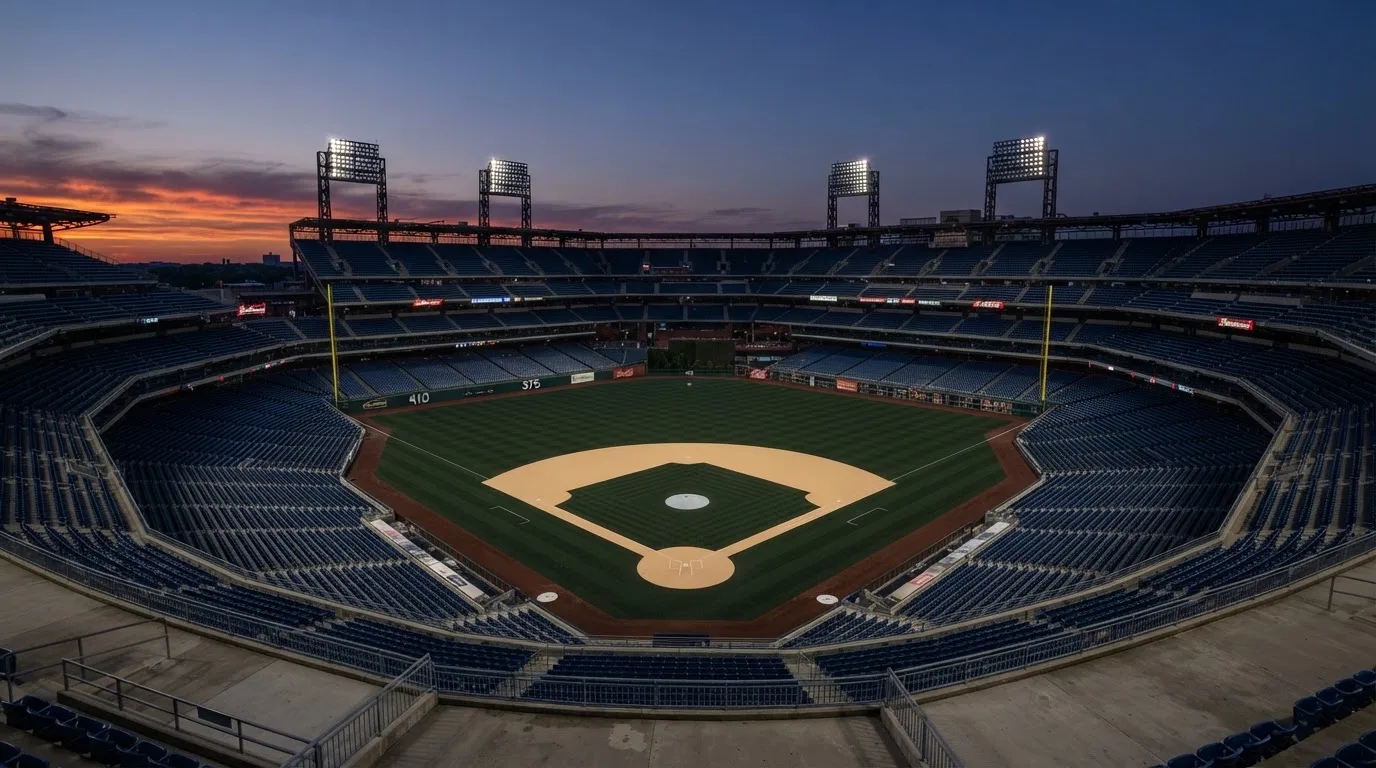 An empty football stadium with floodlight masts at dusk