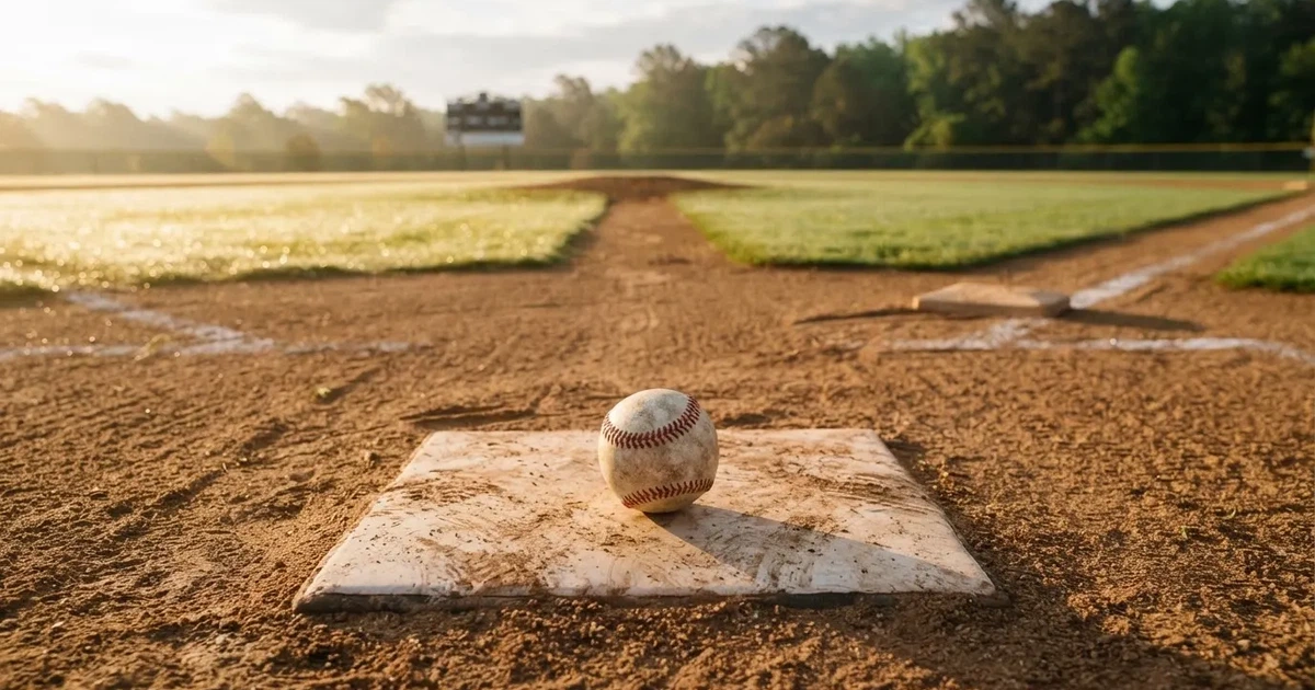 A ball on the centre spot of a grass pitch in morning light
