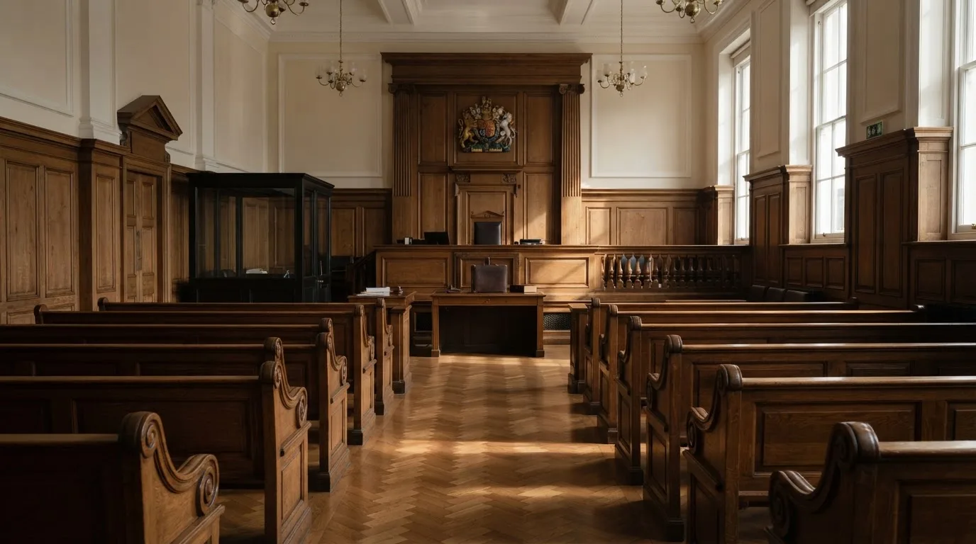An empty courtroom with wooden benches in morning light