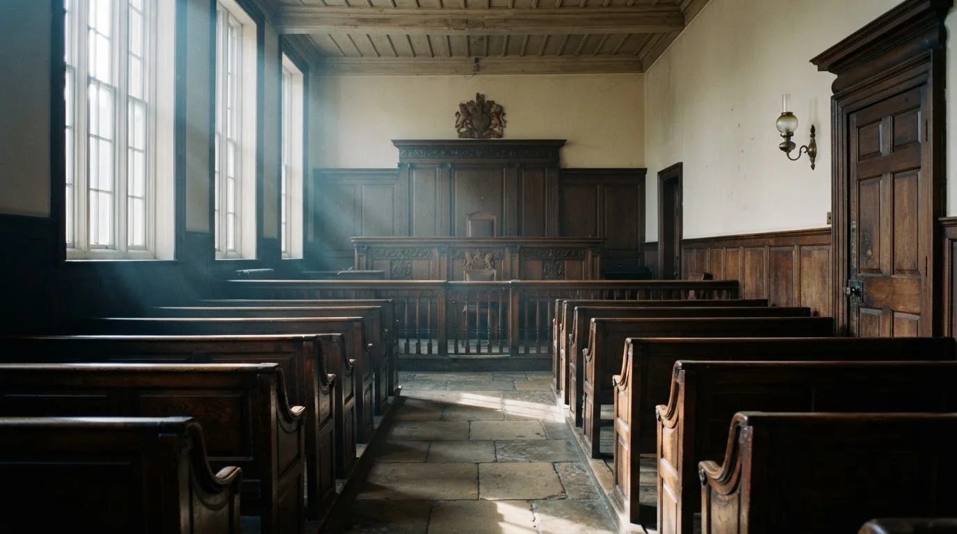 An empty courtroom with wooden benches in morning light