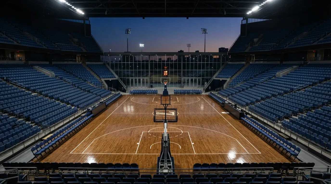 An empty football stadium with floodlight masts at dusk