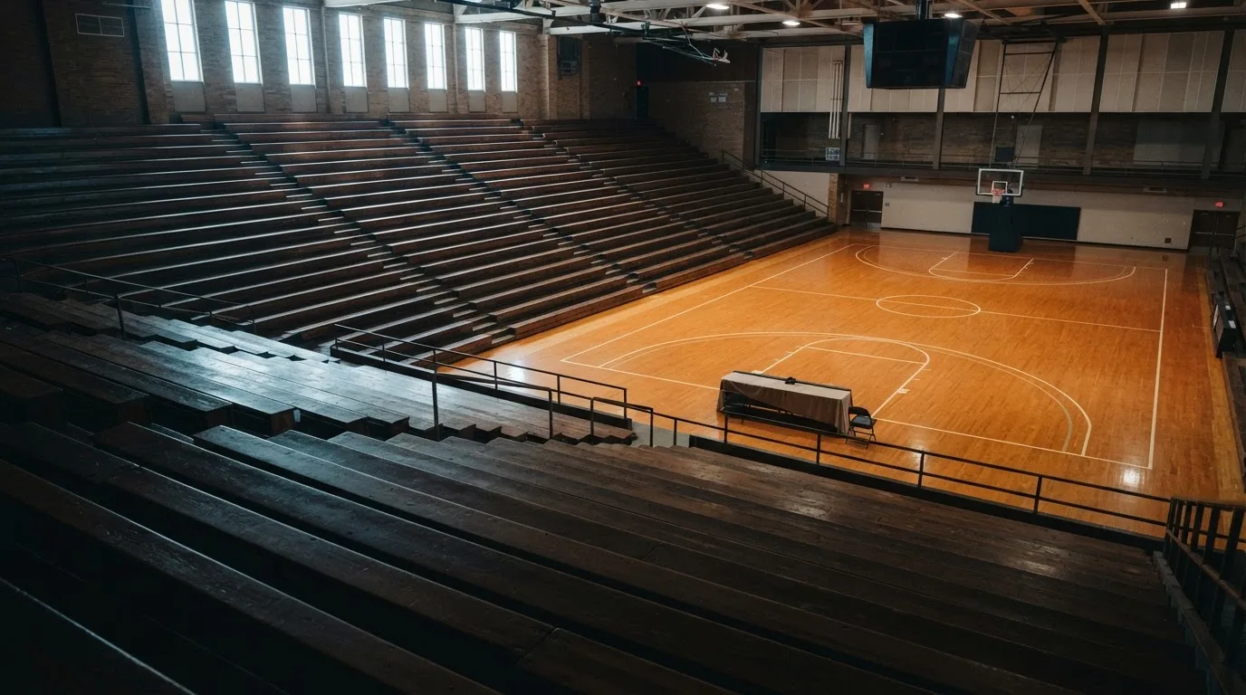 An empty courtroom with wooden benches in morning light