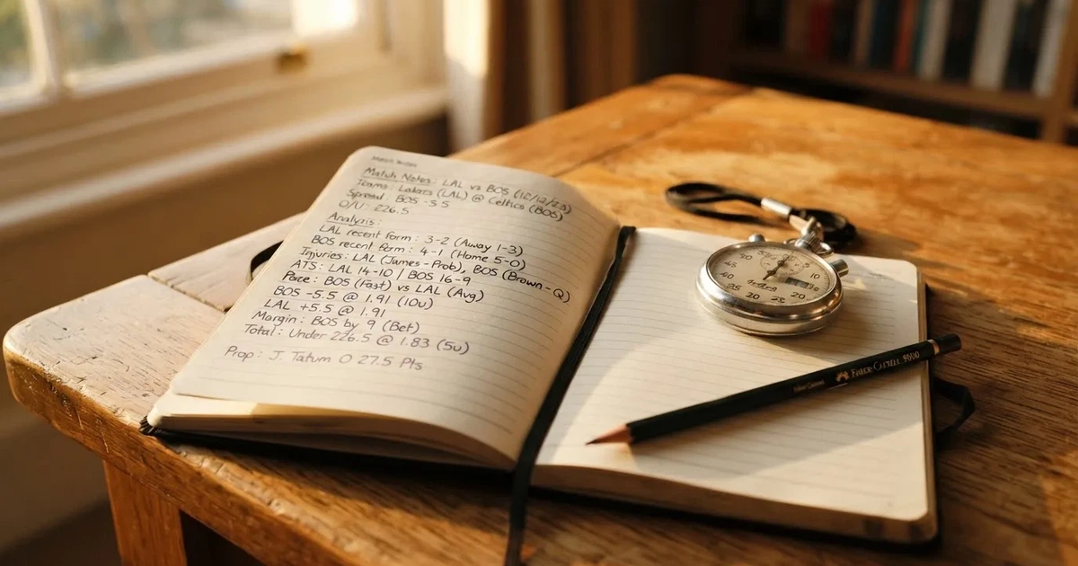 An open notebook with a pencil and a stopwatch on a wooden table