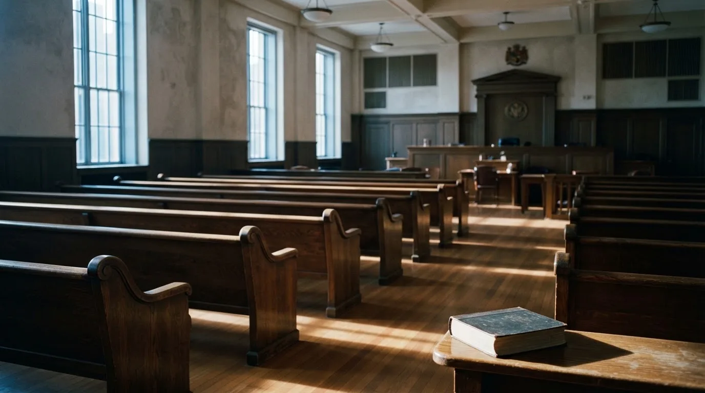 An empty courtroom with wooden benches in morning light