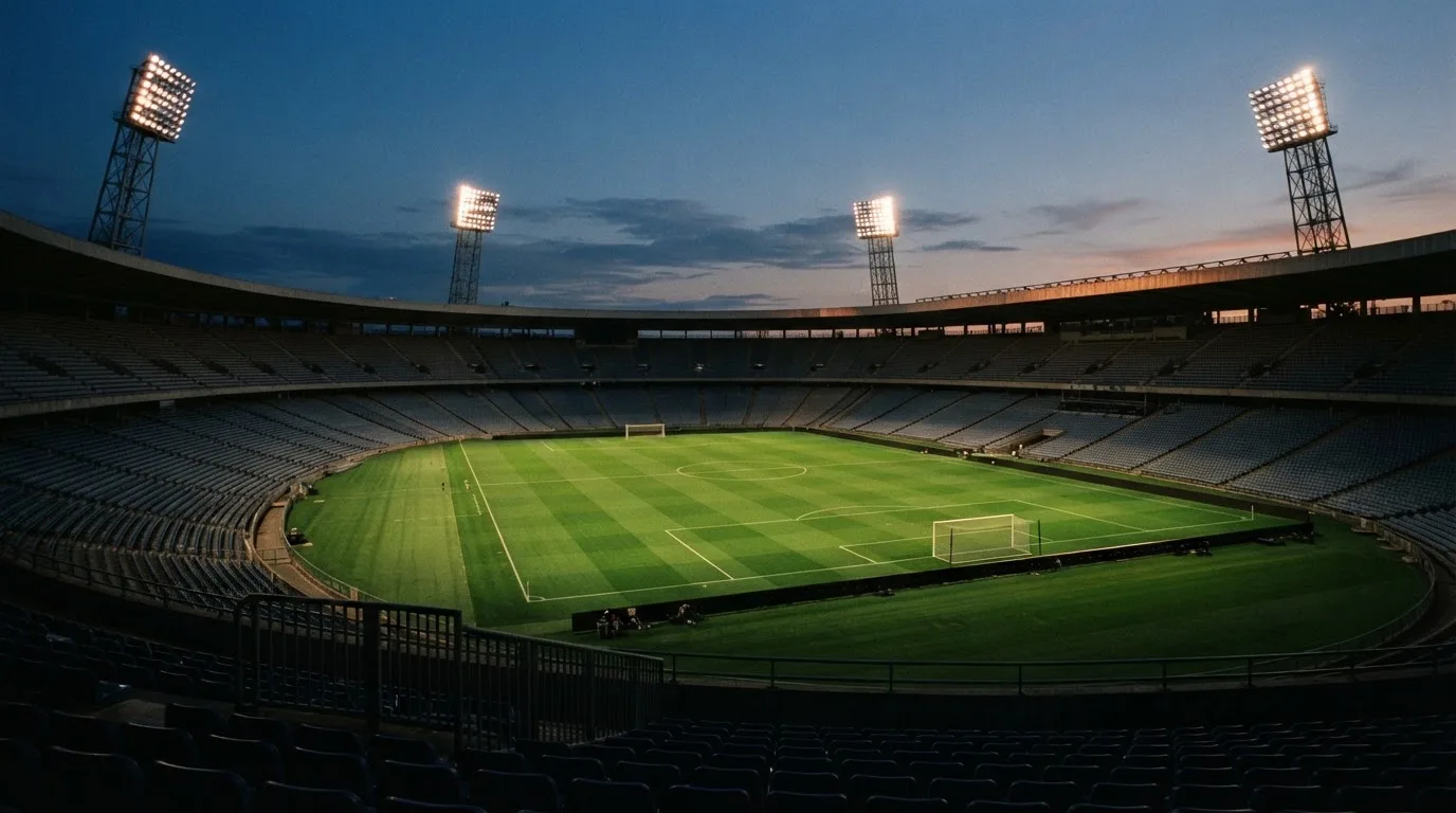 An empty football stadium with floodlight masts at dusk