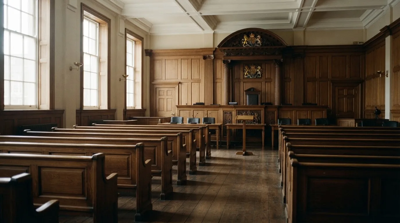 An empty courtroom with wooden benches in morning light