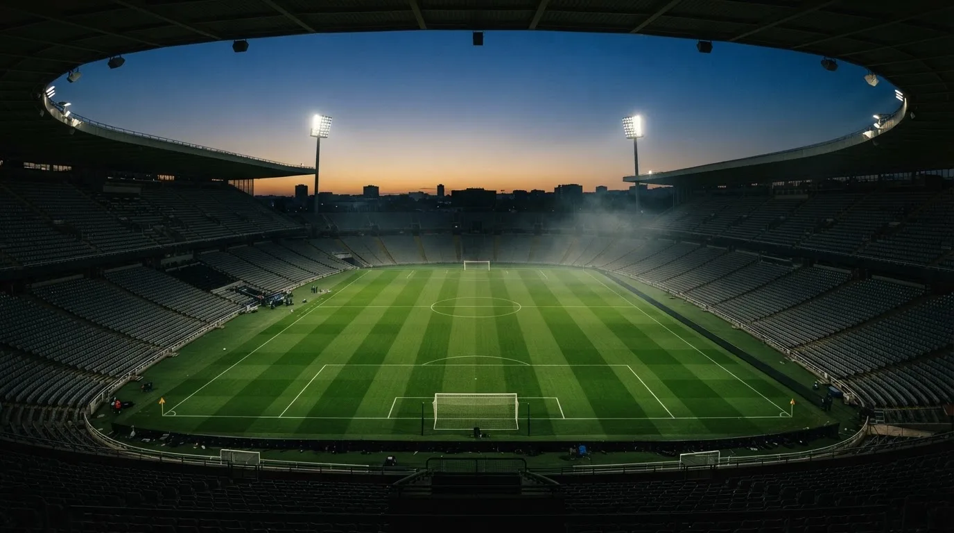 An empty football stadium with floodlight masts at dusk
