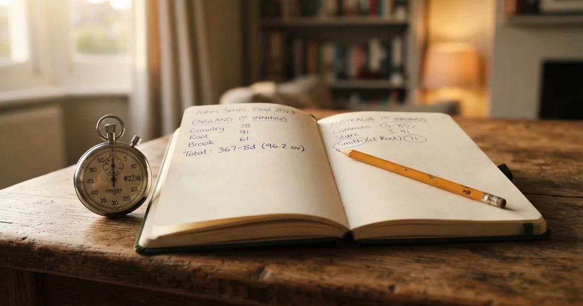 An open notebook with a pencil and a stopwatch on a wooden table