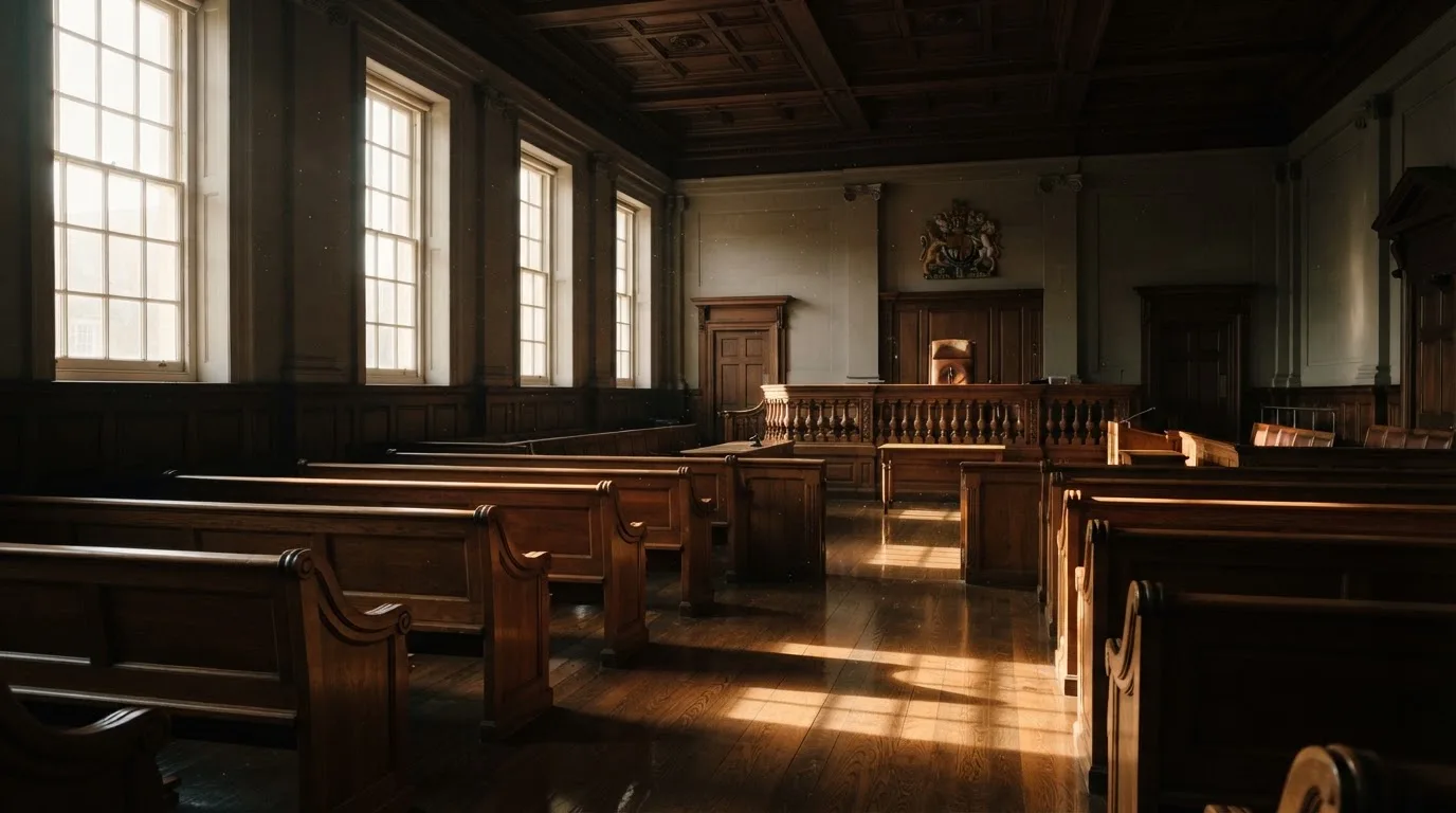 An empty courtroom with wooden benches in morning light