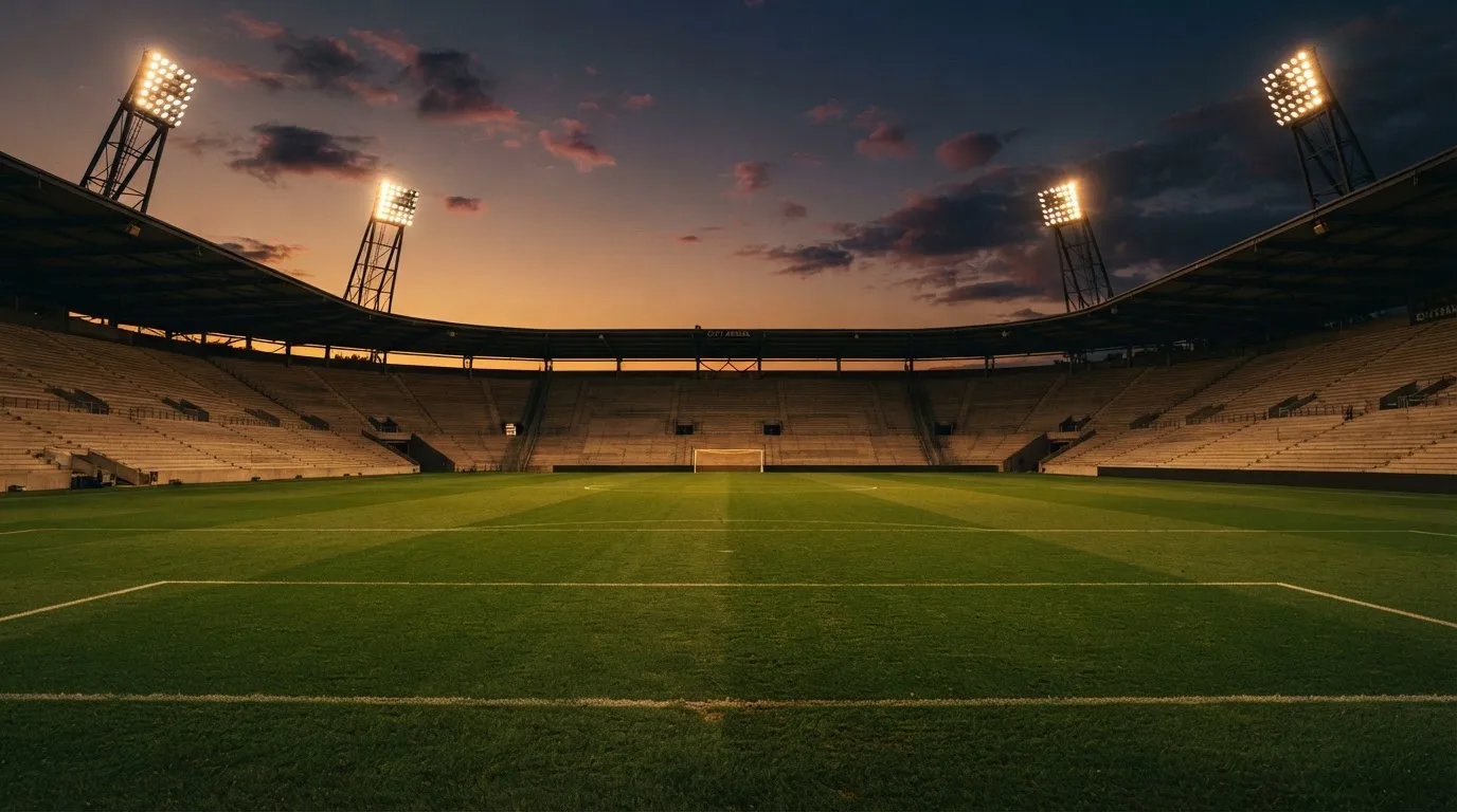 An empty football stadium with floodlight masts at dusk