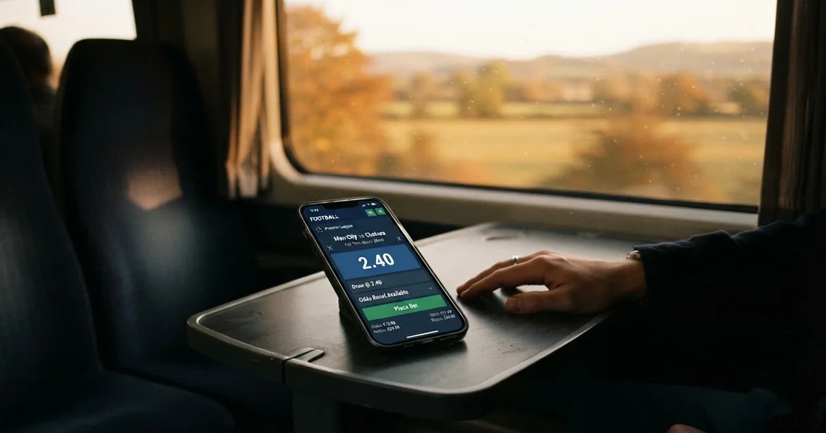 A hand holding a smartphone on a train in the evening, screen turned away