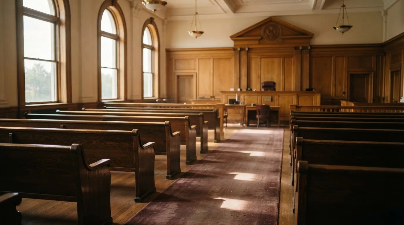 An empty courtroom with wooden benches in morning light