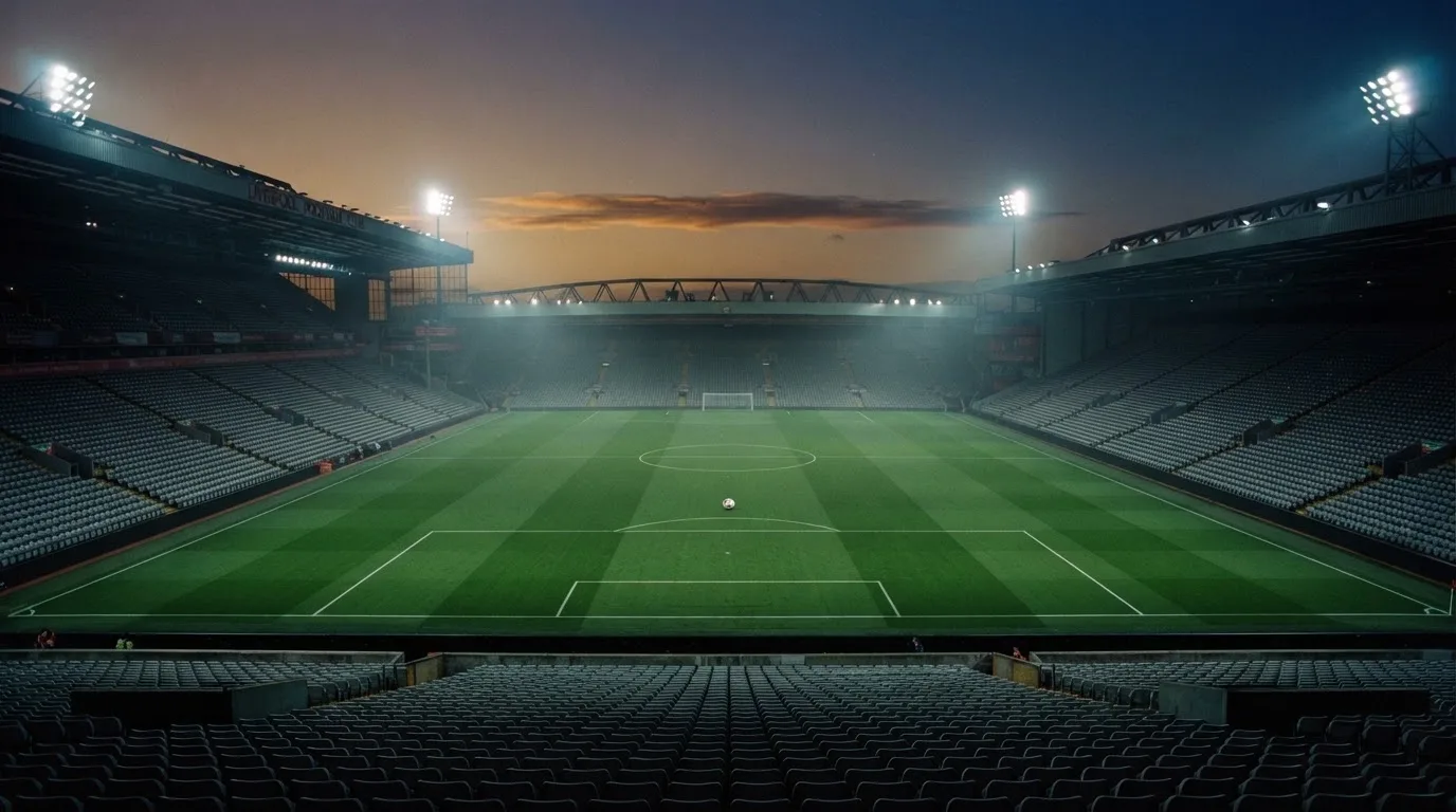 An empty football stadium with floodlight masts at dusk