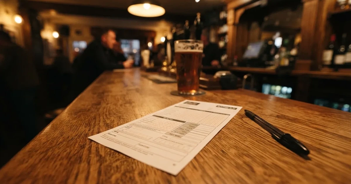 A blank paper betting slip beside a pen on a wooden counter