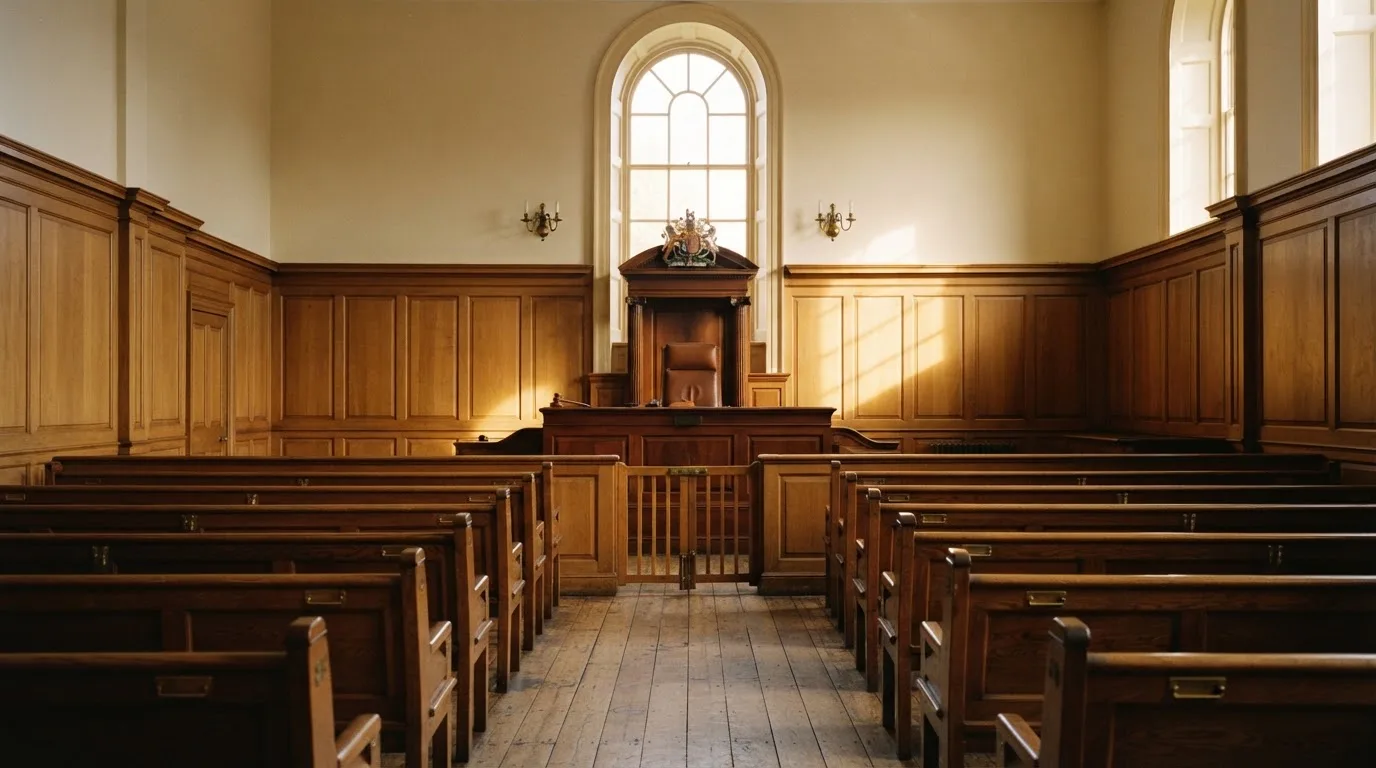 An empty courtroom with wooden benches in morning light