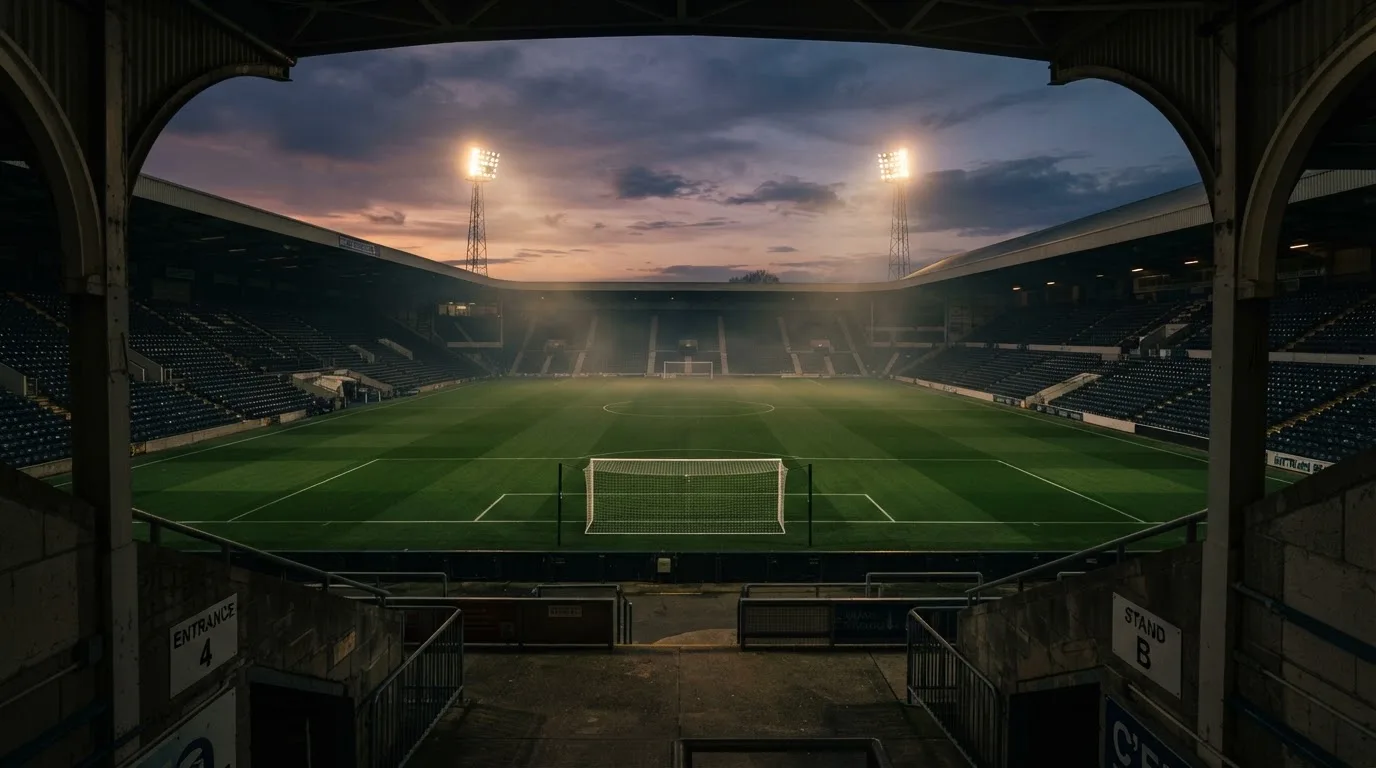 An empty football stadium with floodlight masts at dusk