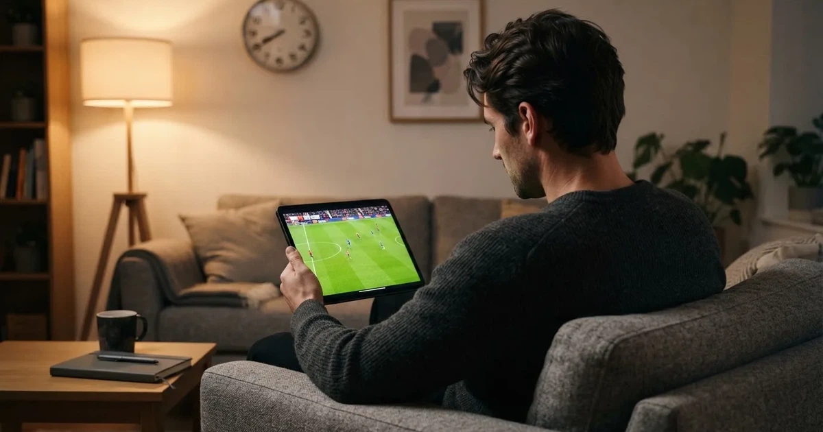 A person on a sofa looking thoughtfully at a tablet, a wall clock in the background