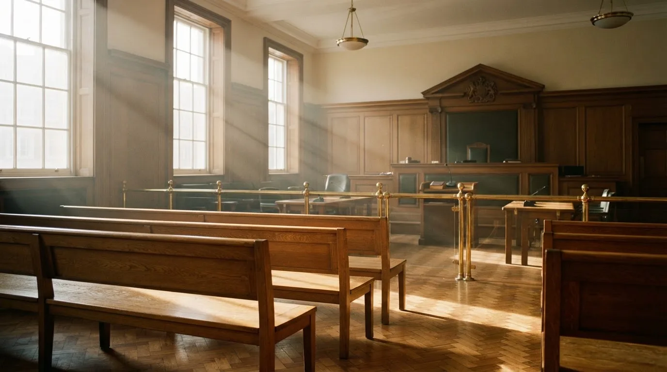 An empty courtroom with wooden benches in morning light