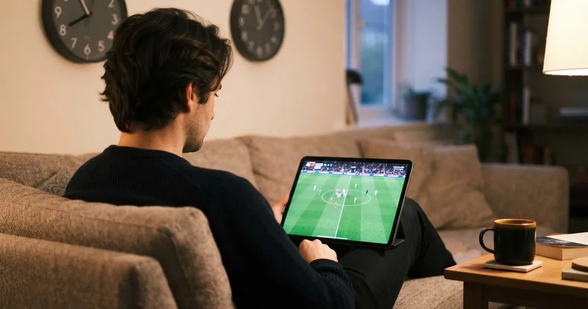 A person on a sofa looking thoughtfully at a tablet, a wall clock in the background