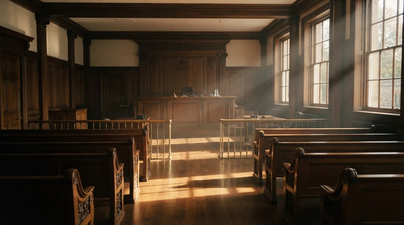 An empty courtroom with wooden benches in morning light