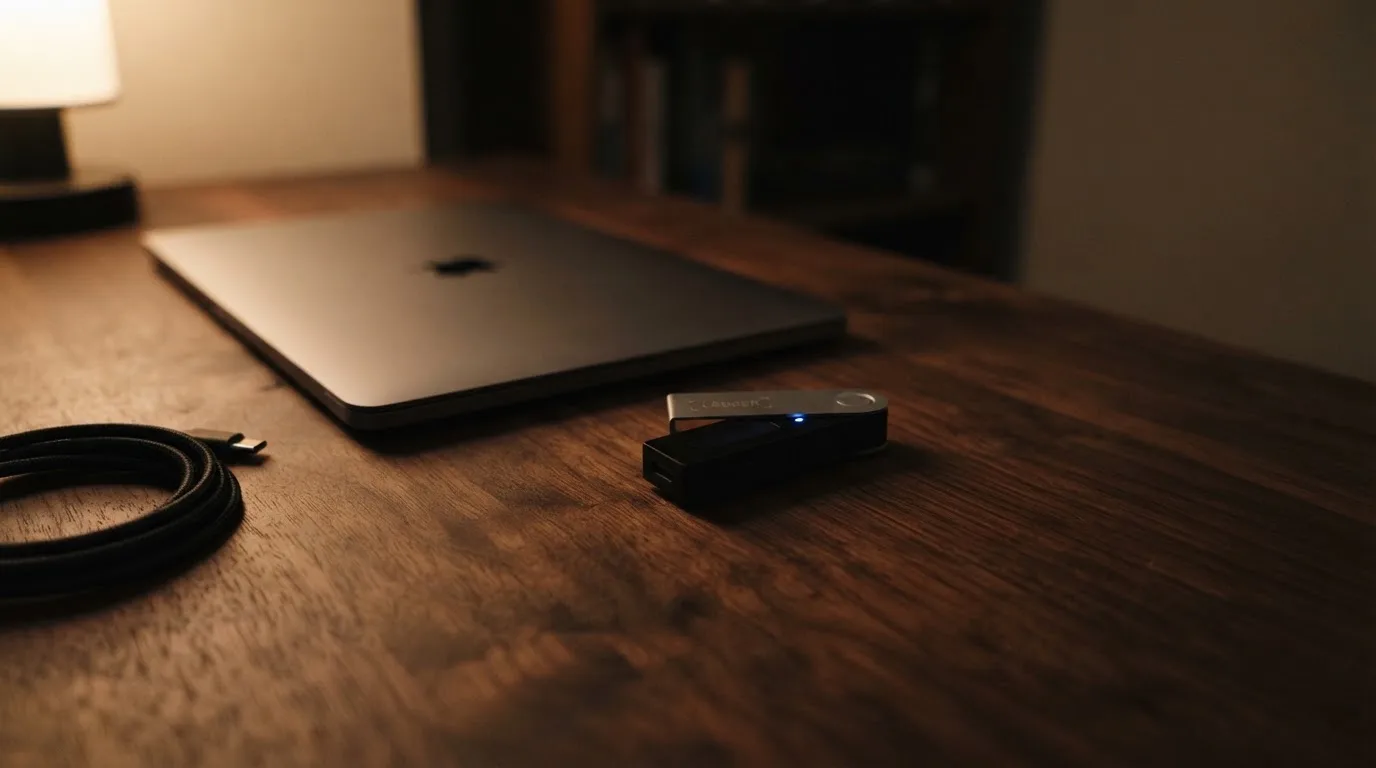 A hardware wallet and a closed laptop on a desk in dim light