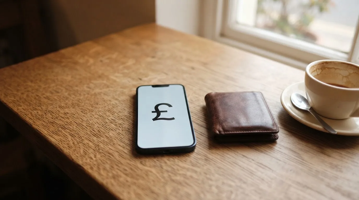 A smartphone on a wooden table beside a wallet and a coffee cup