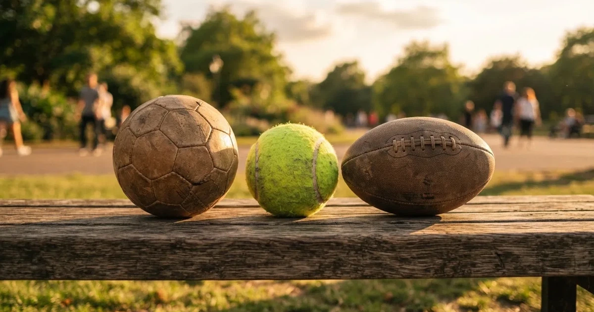 Three balls of different kinds side by side on a wooden bench